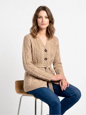 Y2K Vintage Size Large St. John's Bay Cable Knit Cardigan Sweater Camel Tie Belt